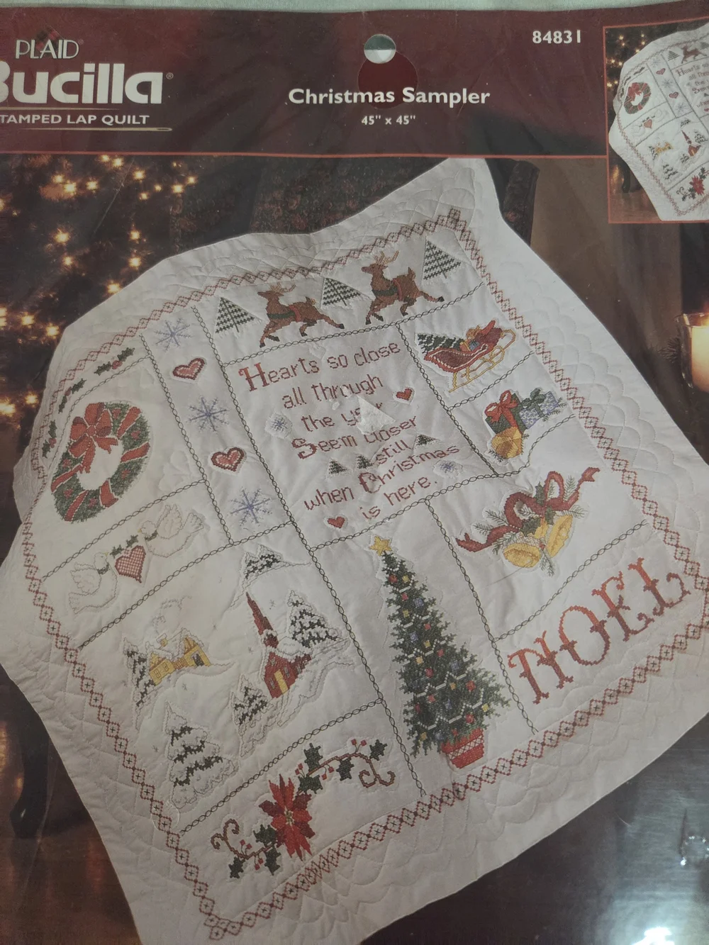 Bucilla White Christmas Sampler Stamped Quilt Kit with Red and Green Accents